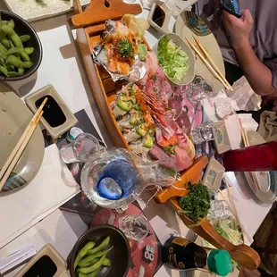 a long table with food on it