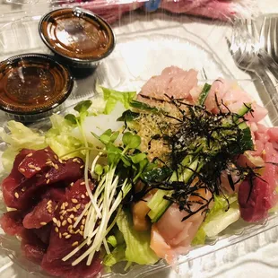 Chirashi B comes with rice &amp; salad (ordered without tamago &amp; imitation crab, sashimi only) highly recommend!