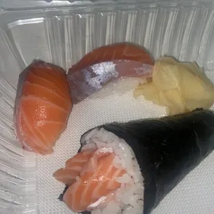 salmon nigiri and salmon hand roll
