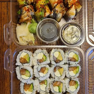 Top box: Dragon special roll (left), Kangnam Style special roll (right). Bottom box: 2 orders of Philadelphia rolls, and California roll
