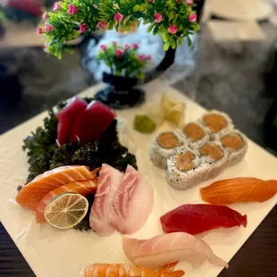 Sushi and Sashimi Combo - Lunch price is $17.99 with soup and salad!!