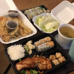 Teriyaki salmon bento box and an Alaska roll