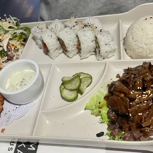 Beef Teriyaki, fish Katsu, and spicy tuna roll lunch bento