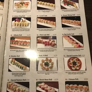 Menu- lots of sushi