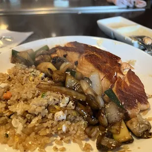 Salmon hibachi, vegetables and fried rice