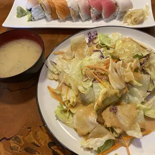 Miso soup, salad with ginger dressing and a rainbow roll! SOOO good!