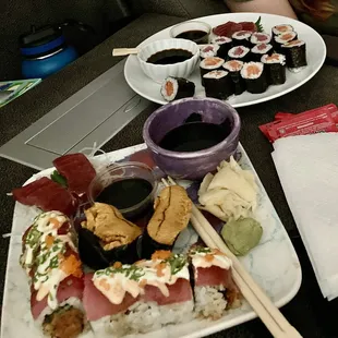 Plates of deliciousness! Blue fin, tuna x tuna, uni, plain salmon and tuna rolls.