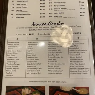 sushi and sashimi, menu