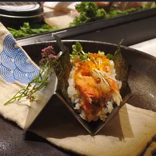 Hokkaido Scallop with king crab Temaki.