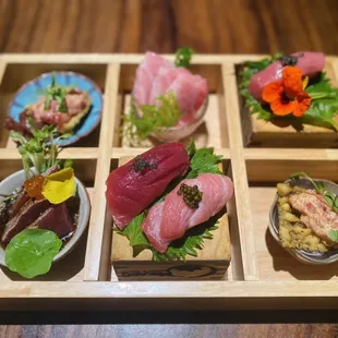 Bluefin tuna tasting from seasonal menu including toro , chu toro &amp; Akami