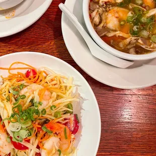 Thai Papaya Salad (left), Tom Yum (right)