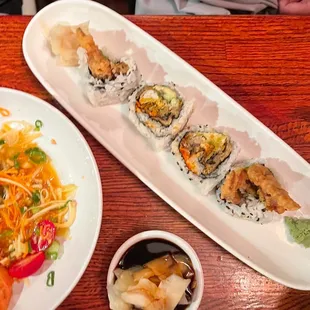 Soft Shell Crab Roll (right), Thai Papaya Salad (left)