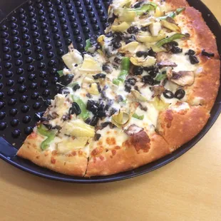 The pizza is better than any chain in the area.  My favorite is this veggie (minus onions).