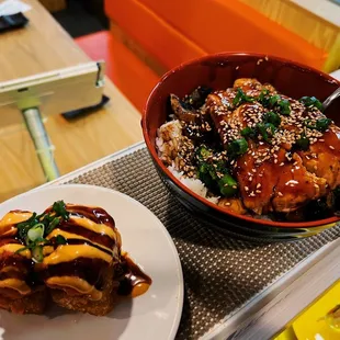 Crispy Rice with Spicy Tuna; Salmon Teriyaki Bowl