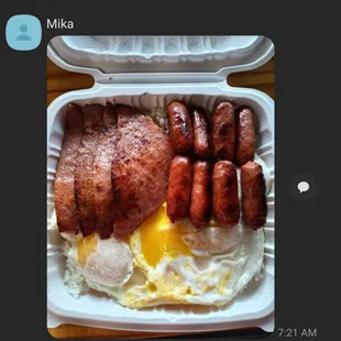 Over Easy Eggs with Little Smokey and Luncheon Meat (2 Choice Breakfast)