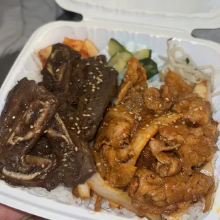 kalbi and spicy pork combo with banchan