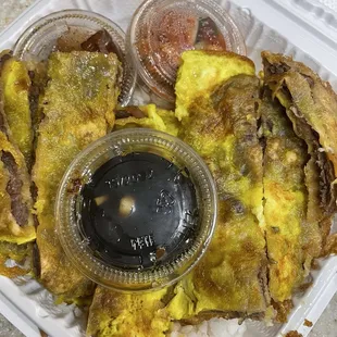 Meat Jun with banchan (shoyu potato and kimchi)