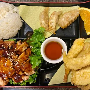 Bento box with chicken teriyaki &amp; tempura