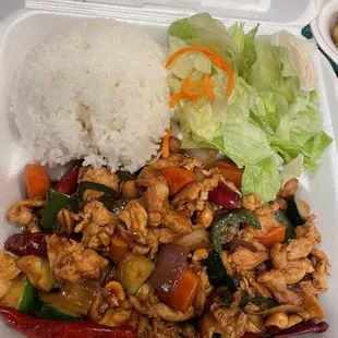 Kong Kung Pao Chicken to go. Taste great and healthier then some other options. Not too spicy, just a little spice.