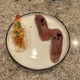 Upside down shrimp and chutoro