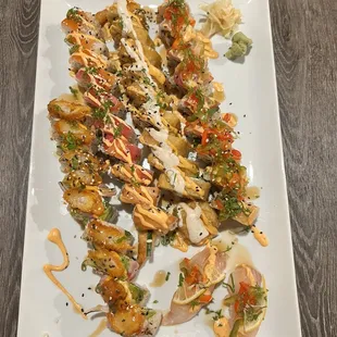 From left to right,  Moana, Vanessa, Sahara, Hell and heaven rolls. Also an order of Tai- Tai nigiri.