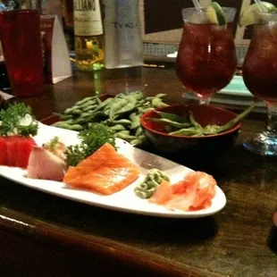 Sashi appetizer, edamame, sake coolers