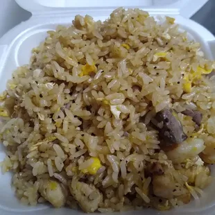Combination fried rice with chicken, beef and shrimp: $8.00, plus tax.