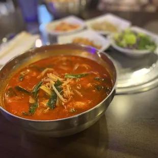 a bowl of soup on a table