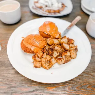 Spicy Crab Cake Benedict and Southbay Style Croissant French Toast