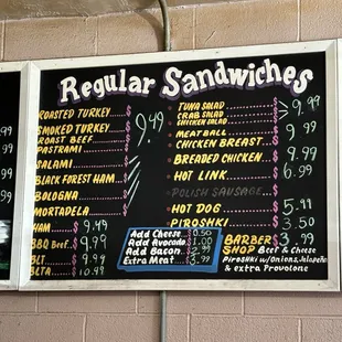 Regular sandwiches menu