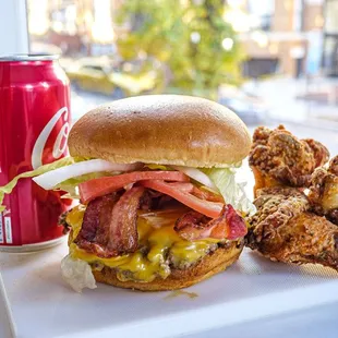 a burger and onion rings