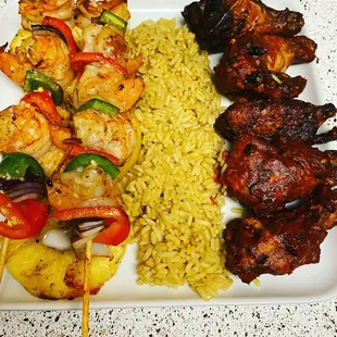 Hawaii barbecue wings, yellow rice and shrimp