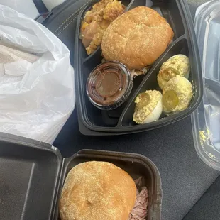 Beef Brisket Sandwich, Pulled Chicken Sandwich, 3 Devilish Eggs, Grannys Peach Cobbler