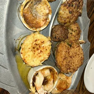 Broiled Seafood Platter with stuffed potato on the side