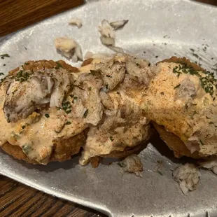 Fried eggplant topped with crab meat