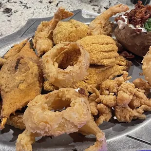 Heart healthy platter of wonderful fried gulf seafood - YUM!