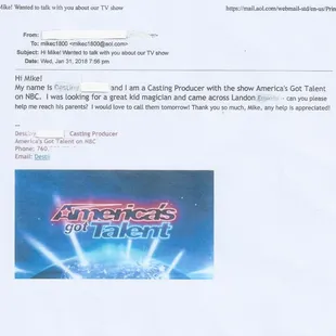 One of our talented students received and inquiry email from AGT.  (They saw him on YouTube)