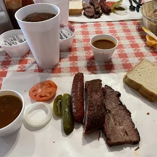 Brisket, rib &amp; sausage plate.