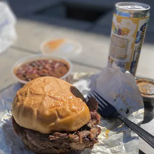 Brisket sandwich, smoked beans, and Bango Mango soda!