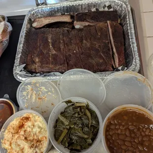Ribs, Potato Salad, Greens and BBQ Beans