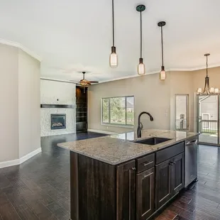 a kitchen with a center island