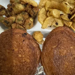 Fried okra, fried potatoes, fried cornbread and smoked chicken below the cornbread