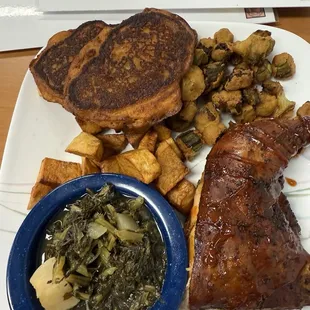 Smoked chicken, turnip greens, okra, fried potatoes and cornbread