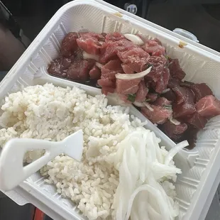 Poke bowl!  So good and a little I could barely finish it.  Love the pickled onion on the side nice addition.