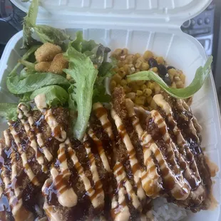 Ahi,rice, tossed salad,mix corn