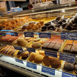 a display case filled with different types of donuts