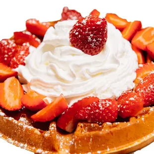 Waffle with strawberries and cream
