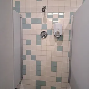 4 shower stalls with changing area in women's locker room. One stall is handicap accessible.