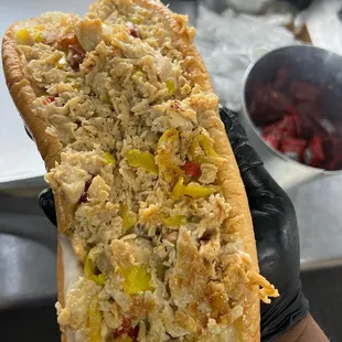 a hand holding a sandwich