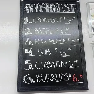 Great breakfast prices, always with double eggs and bacon on bagels and croissants